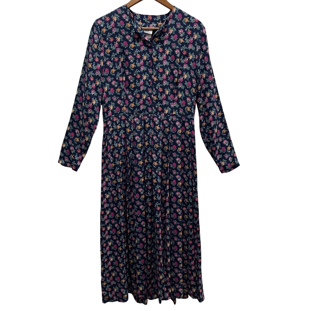 Laura Ashley Midi Dress Womens 12 Navy Blue Floral Vintage Pleated Cottagecore